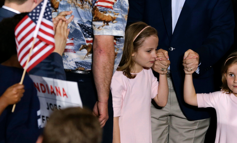Caroline Cruz takes in her surroundings at an April rally at the Hoosier Gym in Knightstown, Indiana. She finds the crowd unimpressive, and resolves to never marry anyone who wears flannel. (AP)